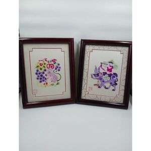 JIANZHI Chinese  Paper-Cut  Art  Framed  6X7.5  Girl Cow Mouse Grapes